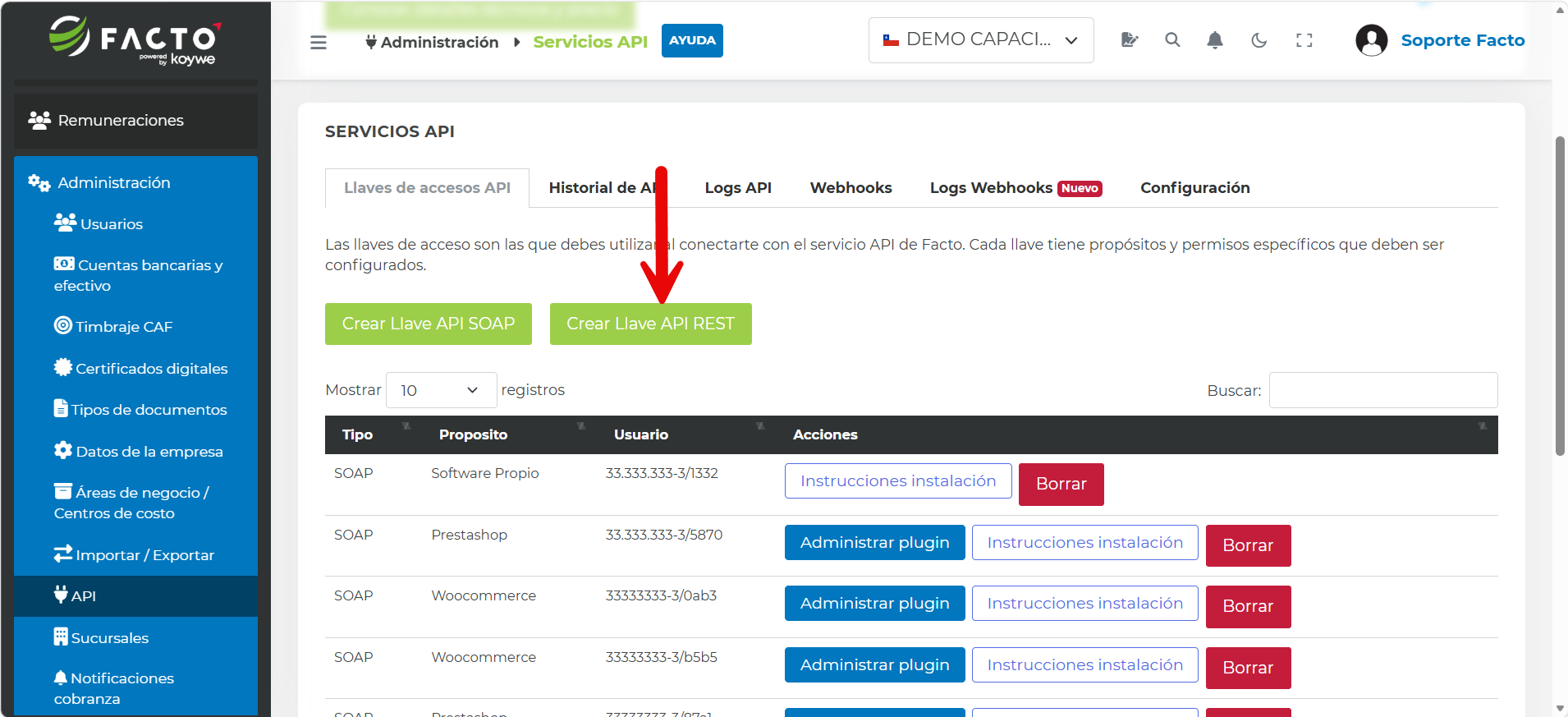 Pantalla de Llaves de accesos API con una flecha señalando el botón Crear Llave API REST