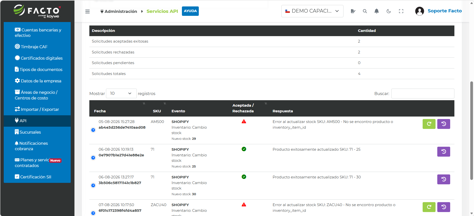 Pestaña Logs Webhooks con el resumen de solicitudes y el detalle de cada solicitud webhooks por SKU y evento