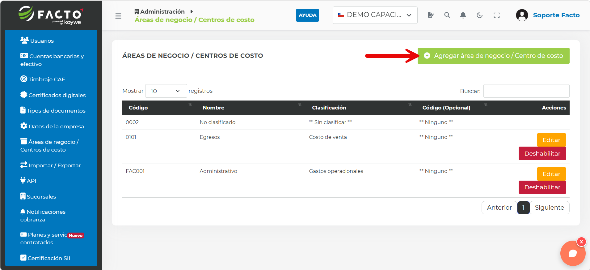 Botón Agregar área de negocio/Centro de costo en la pantalla de Áreas de negocio / Centros de costo