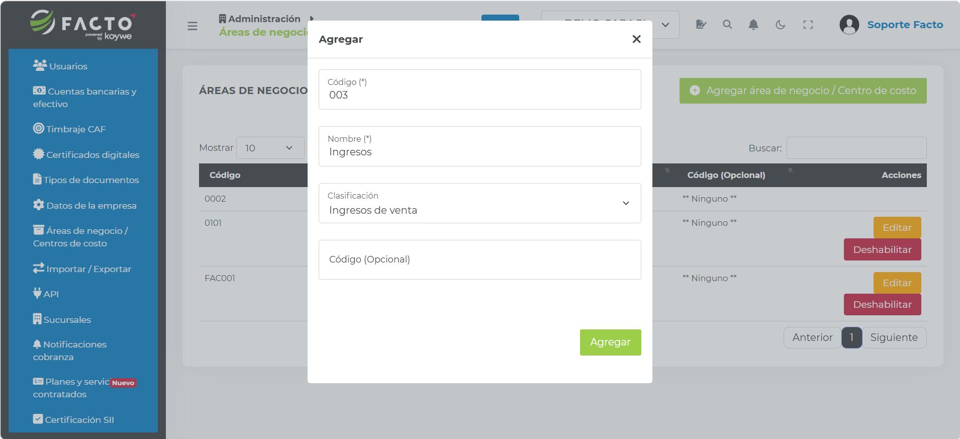 Formulario para agregar un área de negocio/centro de costo con los campos Código, Nombre y Clasificación
