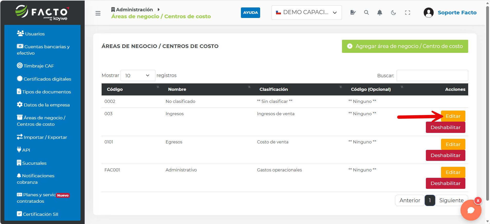 Botón Editar junto a un área de negocio/centro de costo en el listado