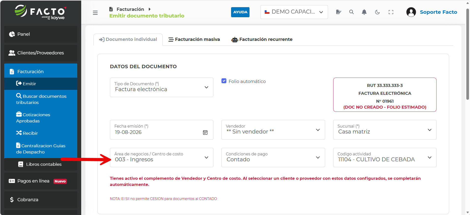 Selección del área de negocios/Centro de costo en la pantalla de emisión de documento antes de crear el borrador