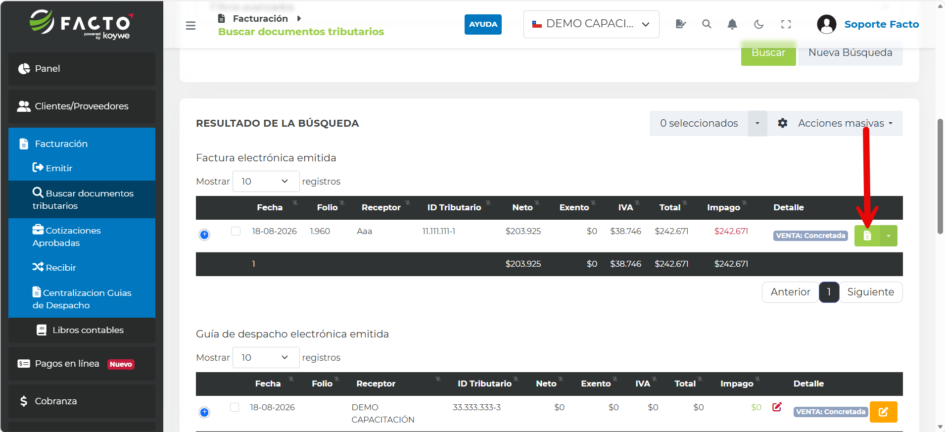 Icono para ingresar al detalle de un documento tributario desde el resultado de la búsqueda
