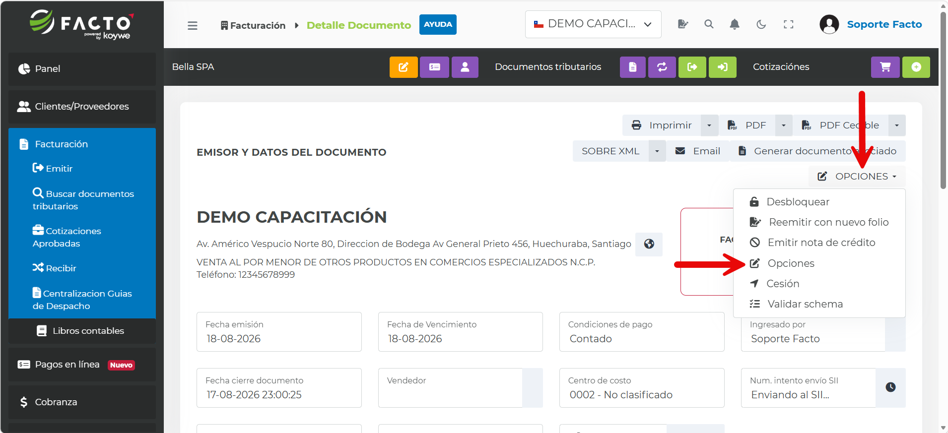 Menú OPCIONES desplegado mostrando la opción Opciones en el detalle del documento