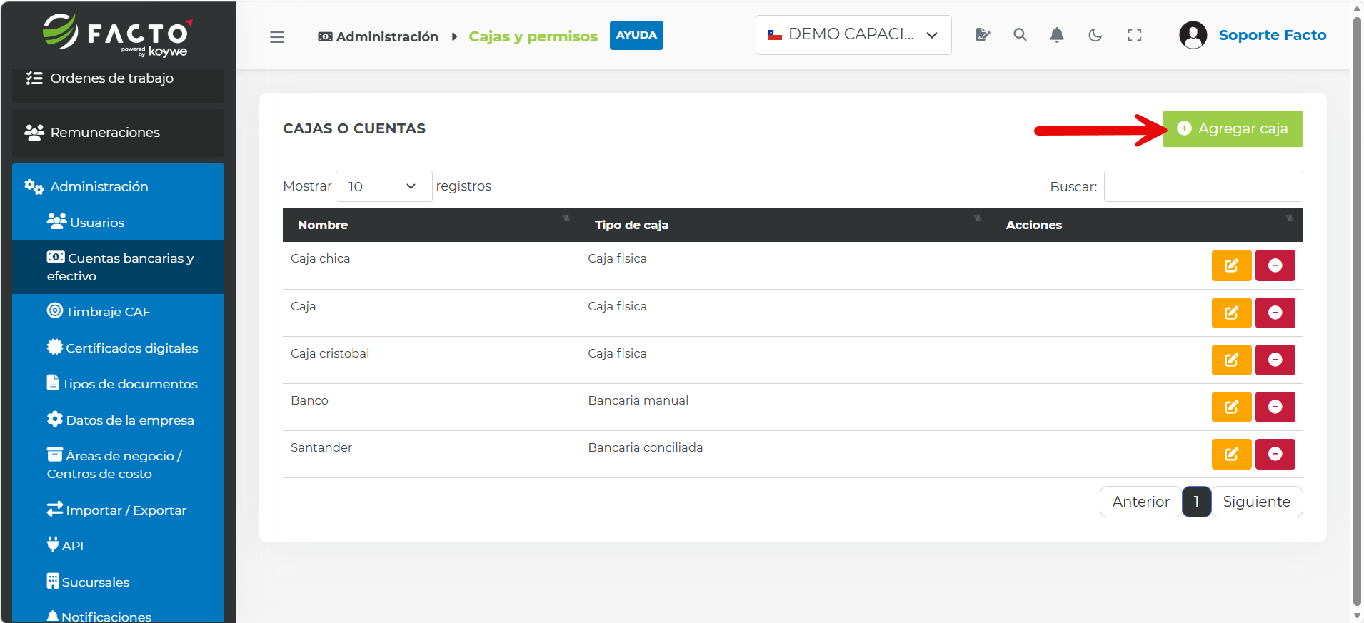 Botón "Agregar caja" en el listado de cajas o cuentas del módulo Administración