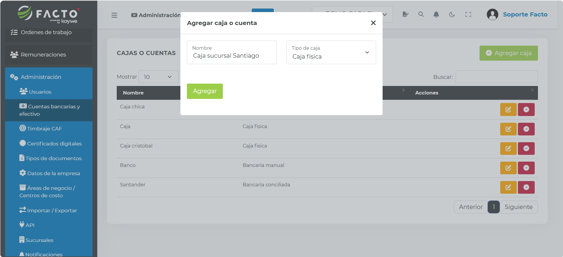 Formulario para agregar caja o cuenta, con los campos Nombre y Tipo de caja