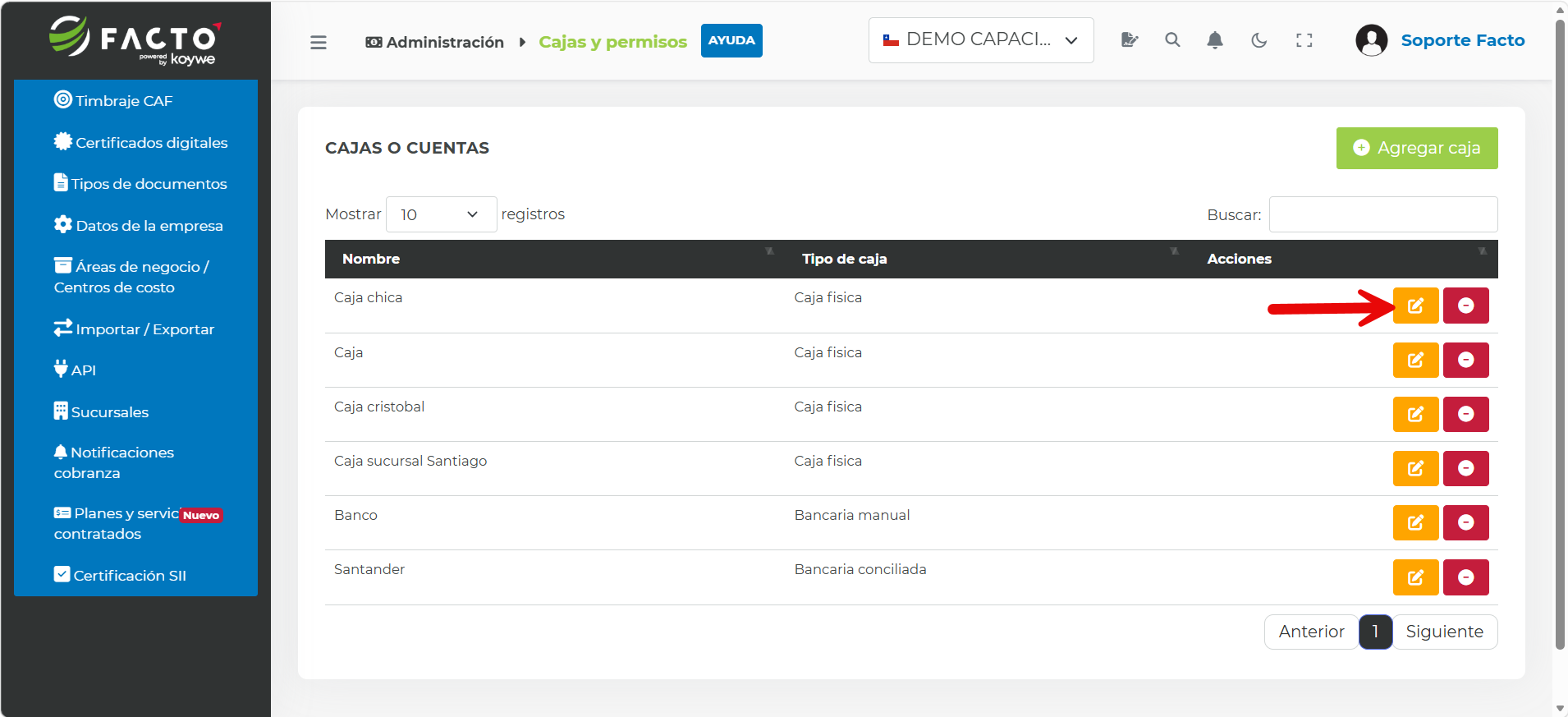 Botón de editar (ícono de lápiz) en la fila de una caja del listado de cajas o cuentas