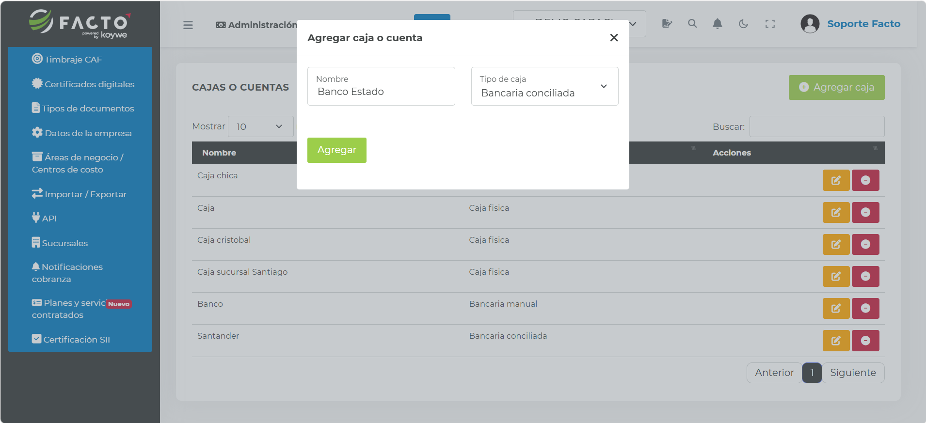 Formulario para agregar caja o cuenta con el tipo de caja "Bancaria conciliada" seleccionado