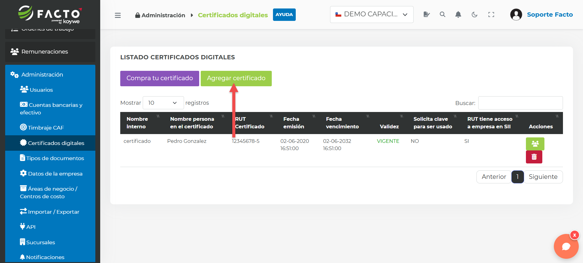 Listado de certificados digitales con el botón Agregar certificado señalado