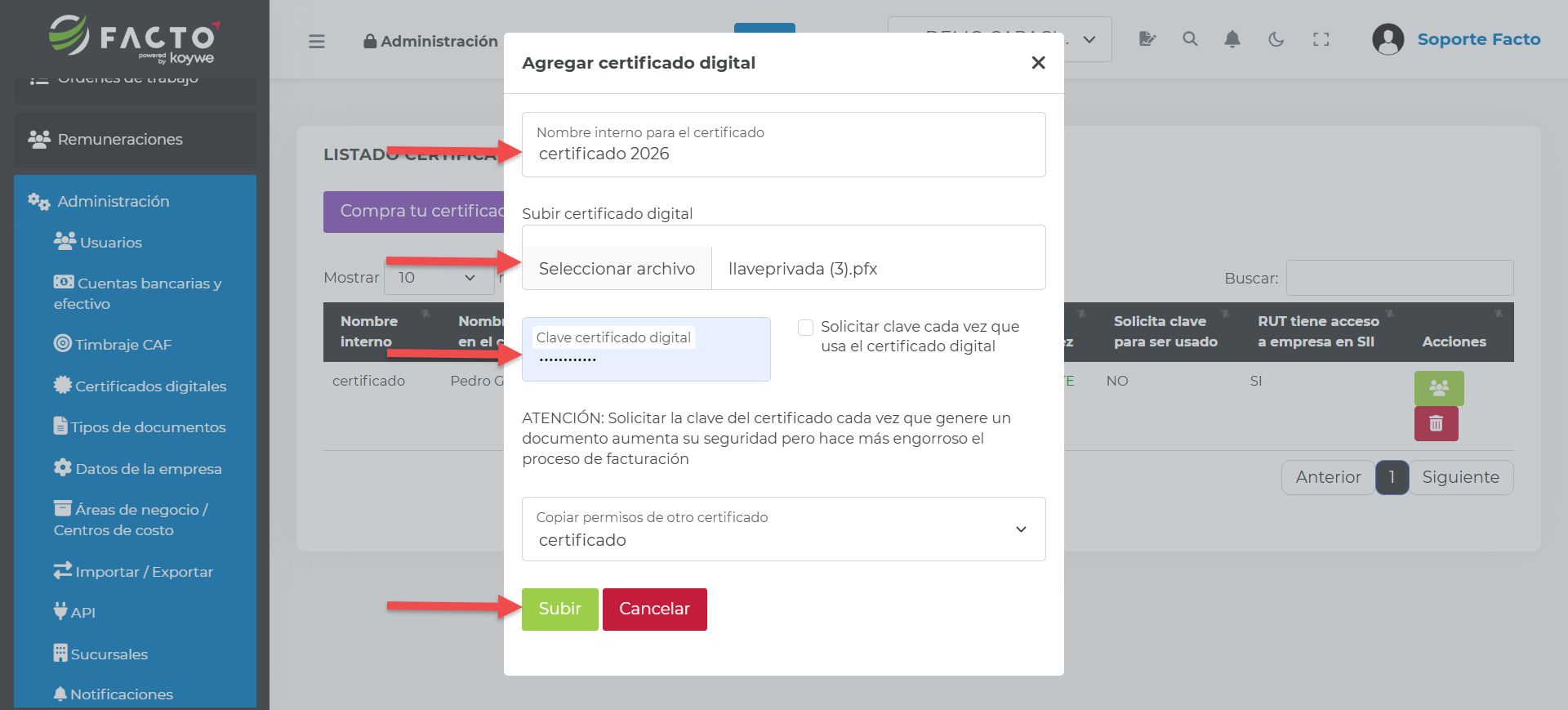 Formulario para agregar certificado digital con los campos nombre interno, archivo pfx y clave del certificado señalados
