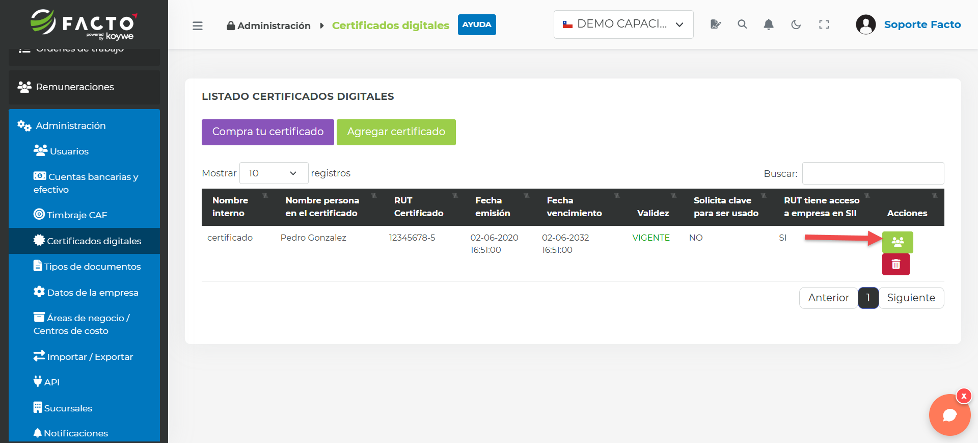 Listado de certificados digitales con el botón de ícono de personas señalado