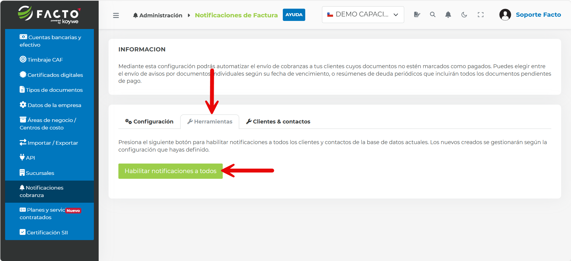 Pestaña Herramientas de notificaciones de cobranza con una flecha señalando el botón Habilitar notificaciones a todos
