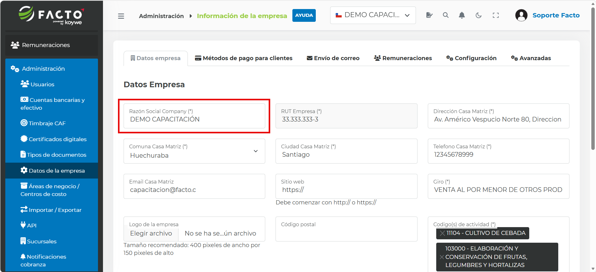 Campo Razón Social Company resaltado en el formulario de Datos Empresa
