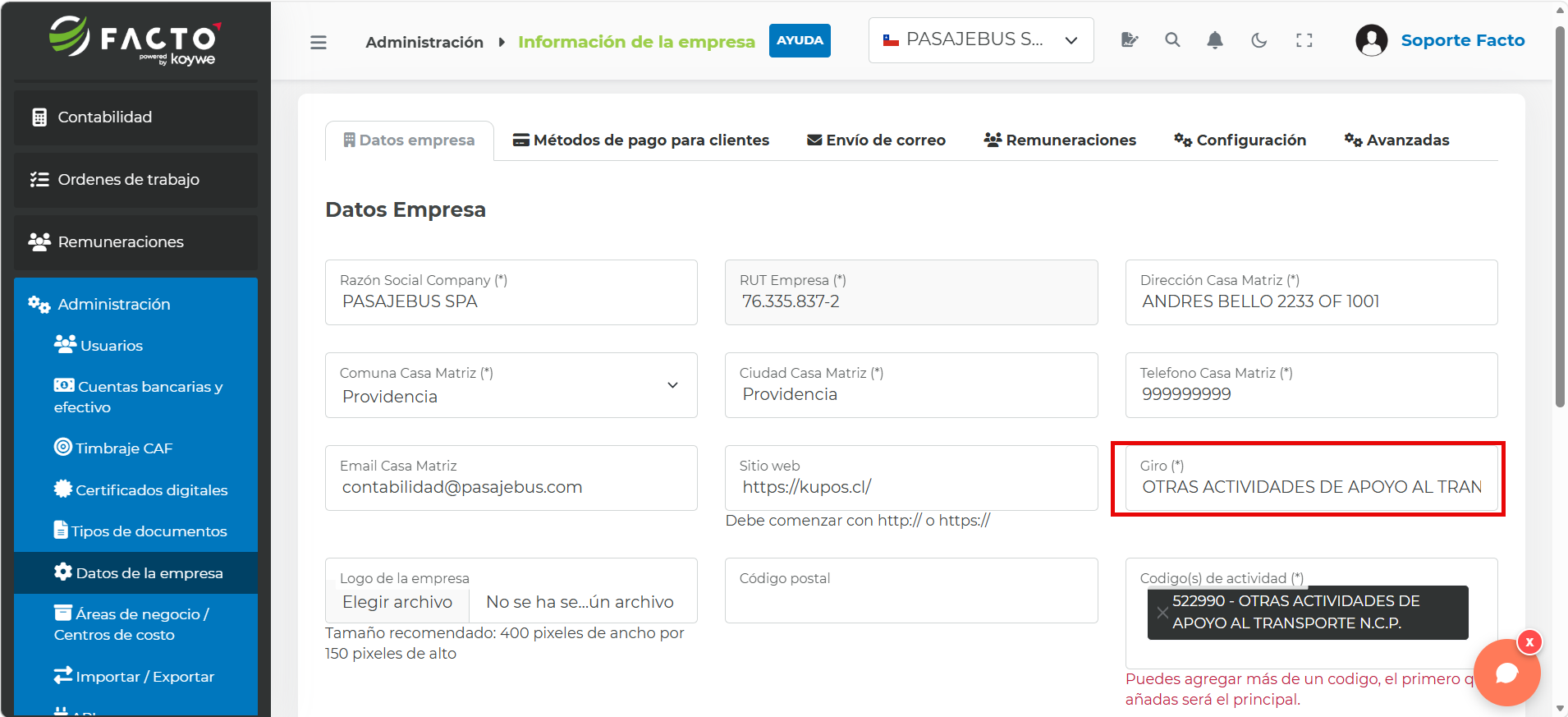 Campo Giro resaltado en el formulario de Datos Empresa