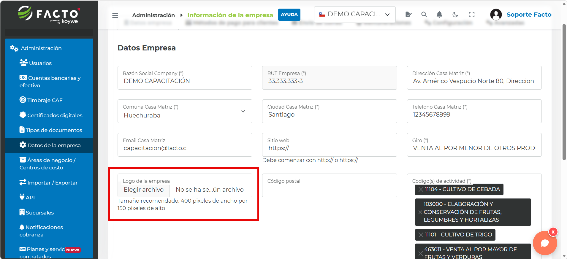 Campo Logo de la empresa para cargar el archivo del logo