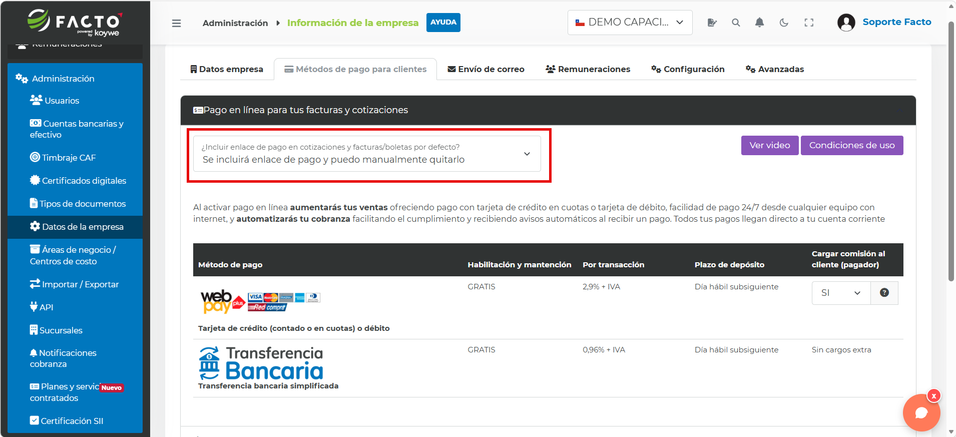Selector para incluir o no el enlace de pago de Facto en cotizaciones y facturas/boletas