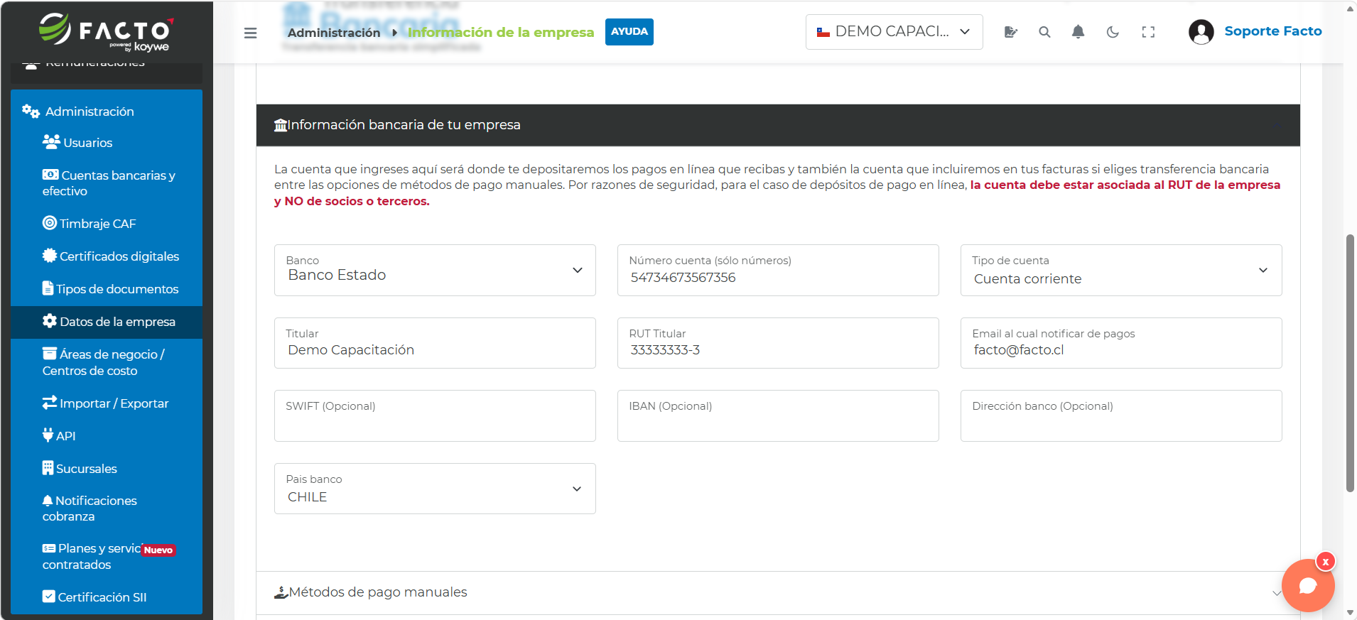 Sección Información bancaria de tu empresa con los campos de banco, número de cuenta, tipo de cuenta, titular, RUT titular y correo de notificación