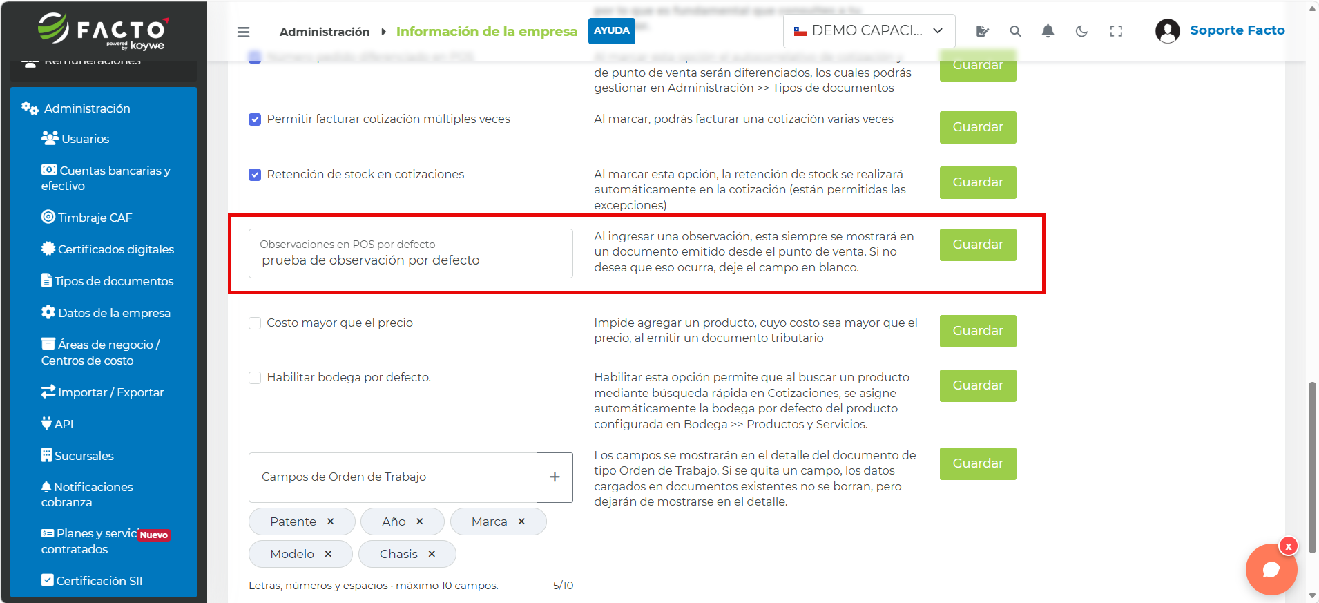 Campo Observaciones en POS por defecto, en la pestaña Configuración, con un texto de ejemplo ingresado