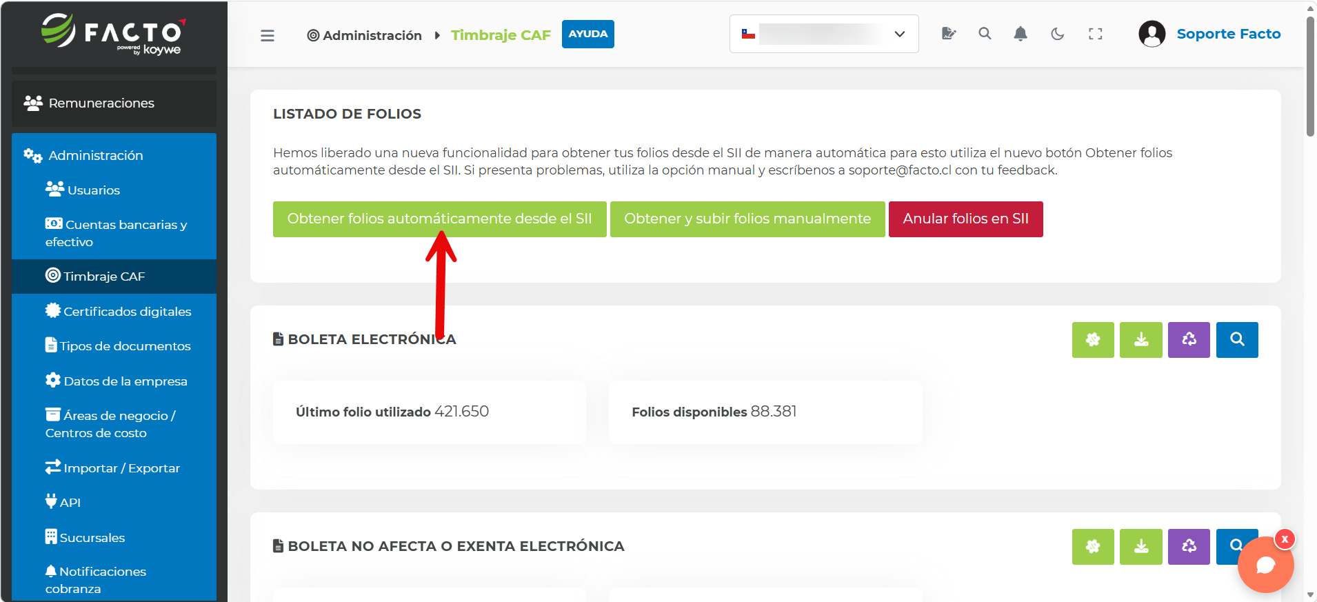 Botón "Obtener folios automáticamente desde el SII" en el listado de folios de Timbraje CAF