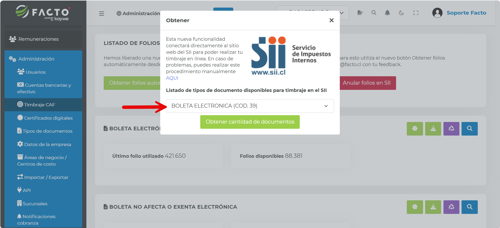 Modal "Obtener" con el listado de tipos de documento disponibles para solicitar timbraje