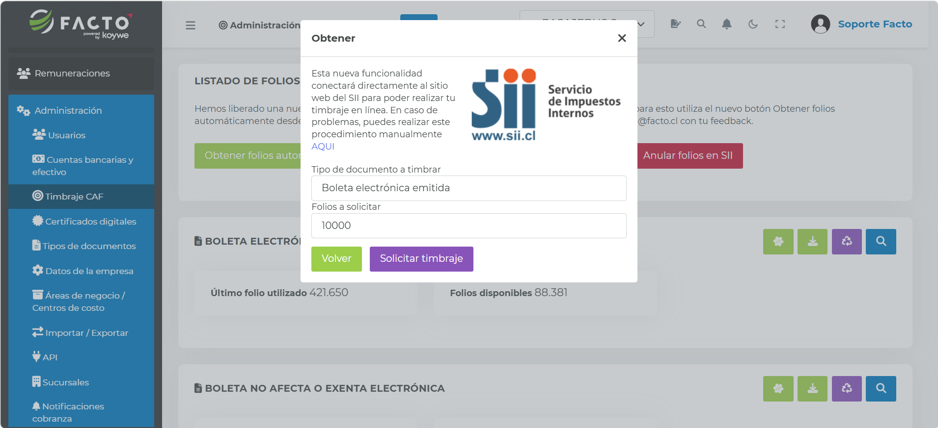 Modal "Obtener" con el campo para ingresar la cantidad de folios a solicitar
