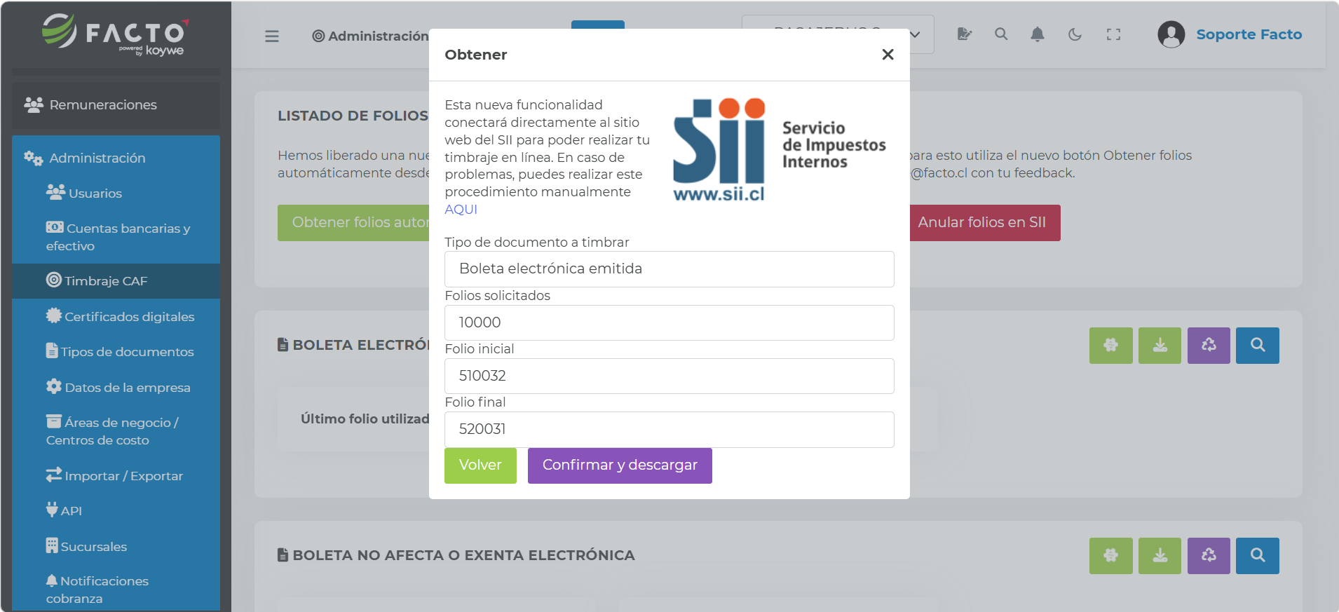 Modal "Obtener" con el resumen de folios solicitados y el botón "Confirmar y descargar"