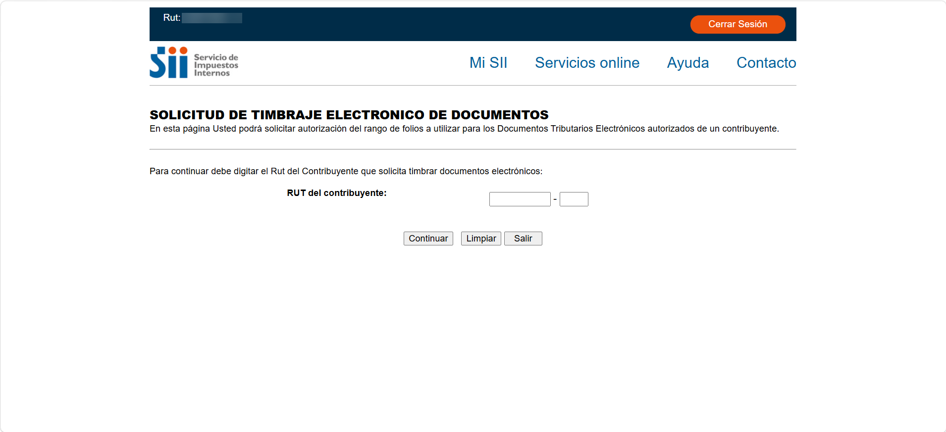 Página de solicitud de timbraje electrónico del SII con el campo para ingresar el RUT del contribuyente
