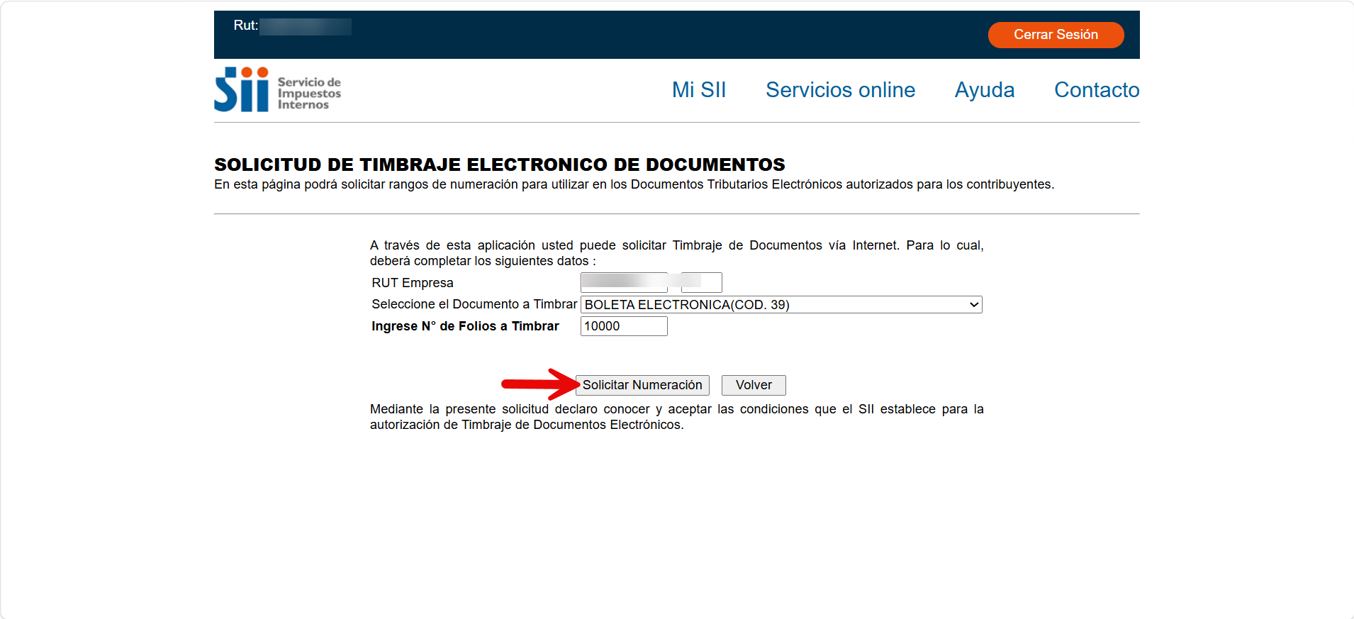 Formulario de solicitud de timbraje electrónico del SII con el botón "Solicitar Numeración"