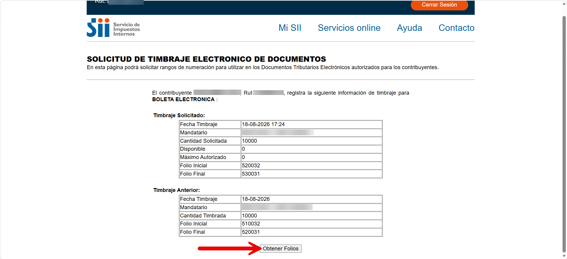 Página del SII con el detalle del timbraje solicitado y el botón "Obtener Folios"