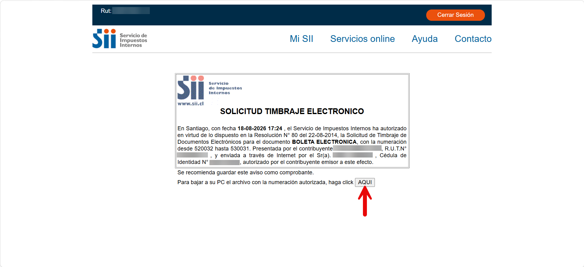 Página de confirmación de la solicitud de timbraje electrónico del SII con el enlace "AQUI" para descargar el archivo de folios