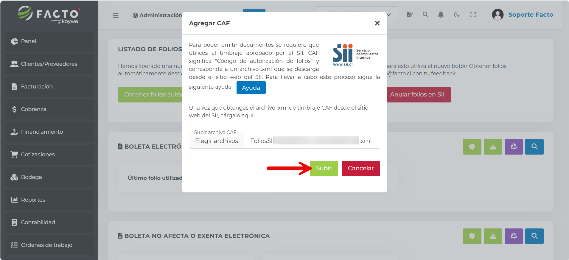 Modal "Agregar CAF" para subir el archivo de folios con el botón "Subir"