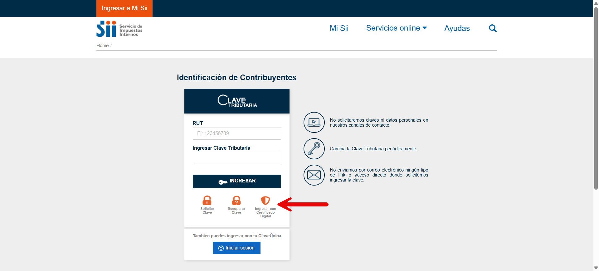 Página de inicio de sesión del SII con la opción "Ingresar con Certificado Digital"