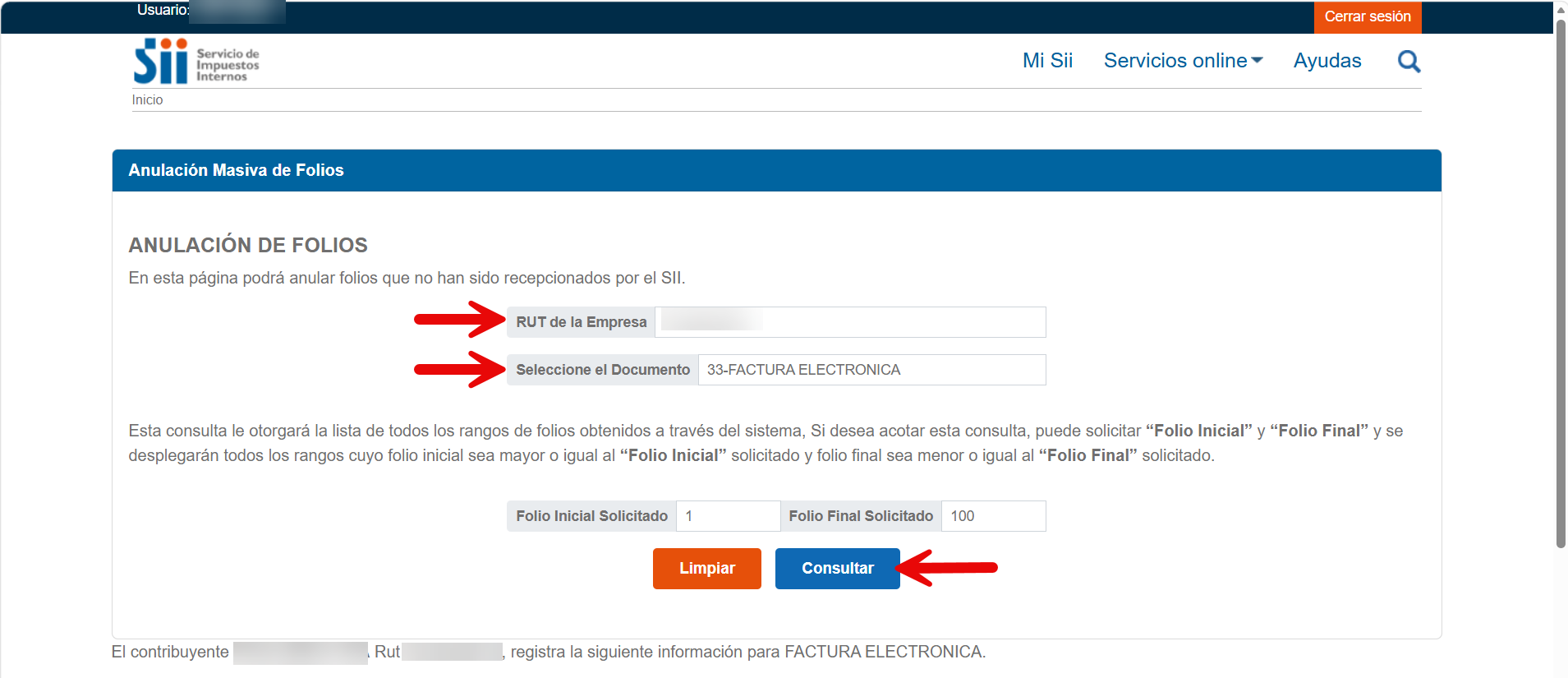 Formulario de Anulación Masiva de Folios del SII con el RUT, el tipo de documento y el botón "Consultar"