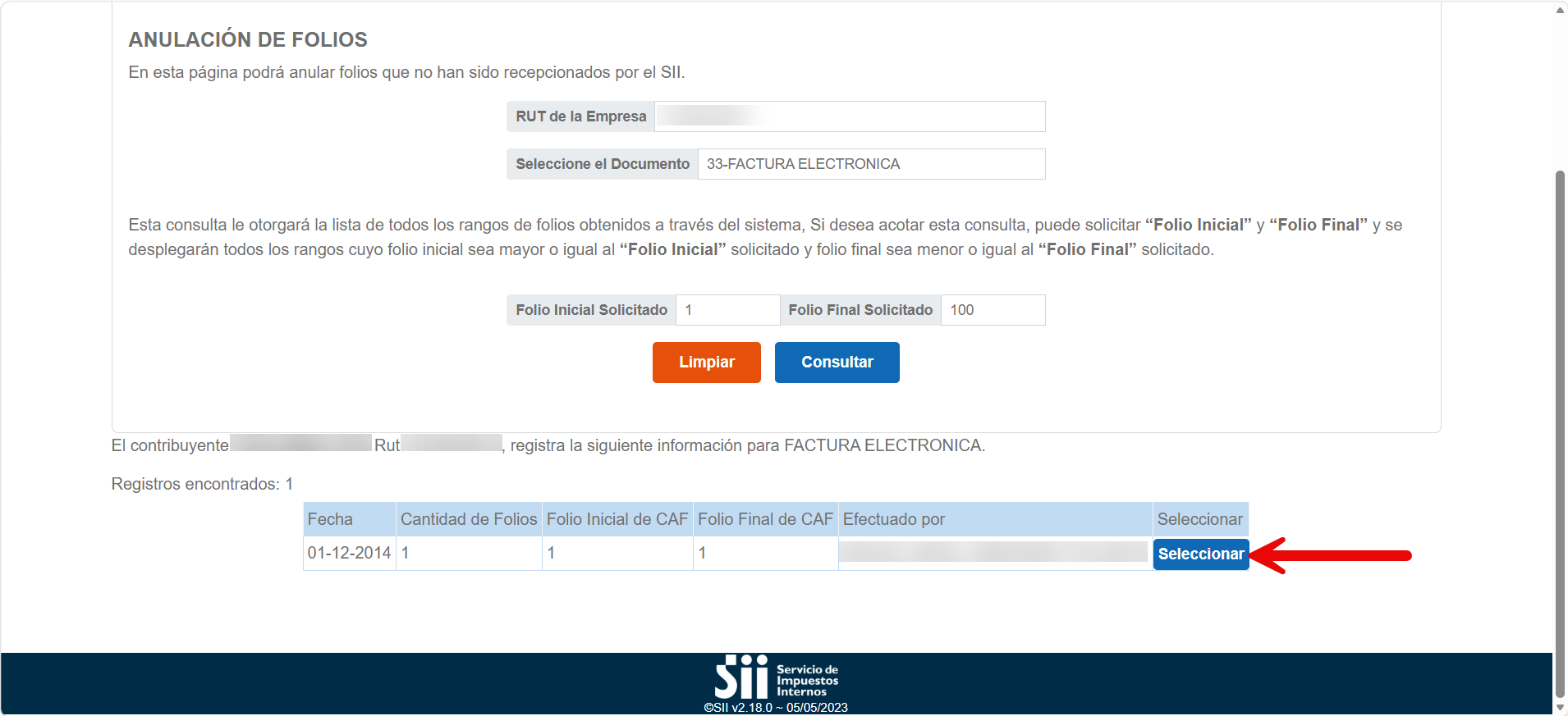 Listado de rangos de folios encontrados con el botón "Seleccionar"