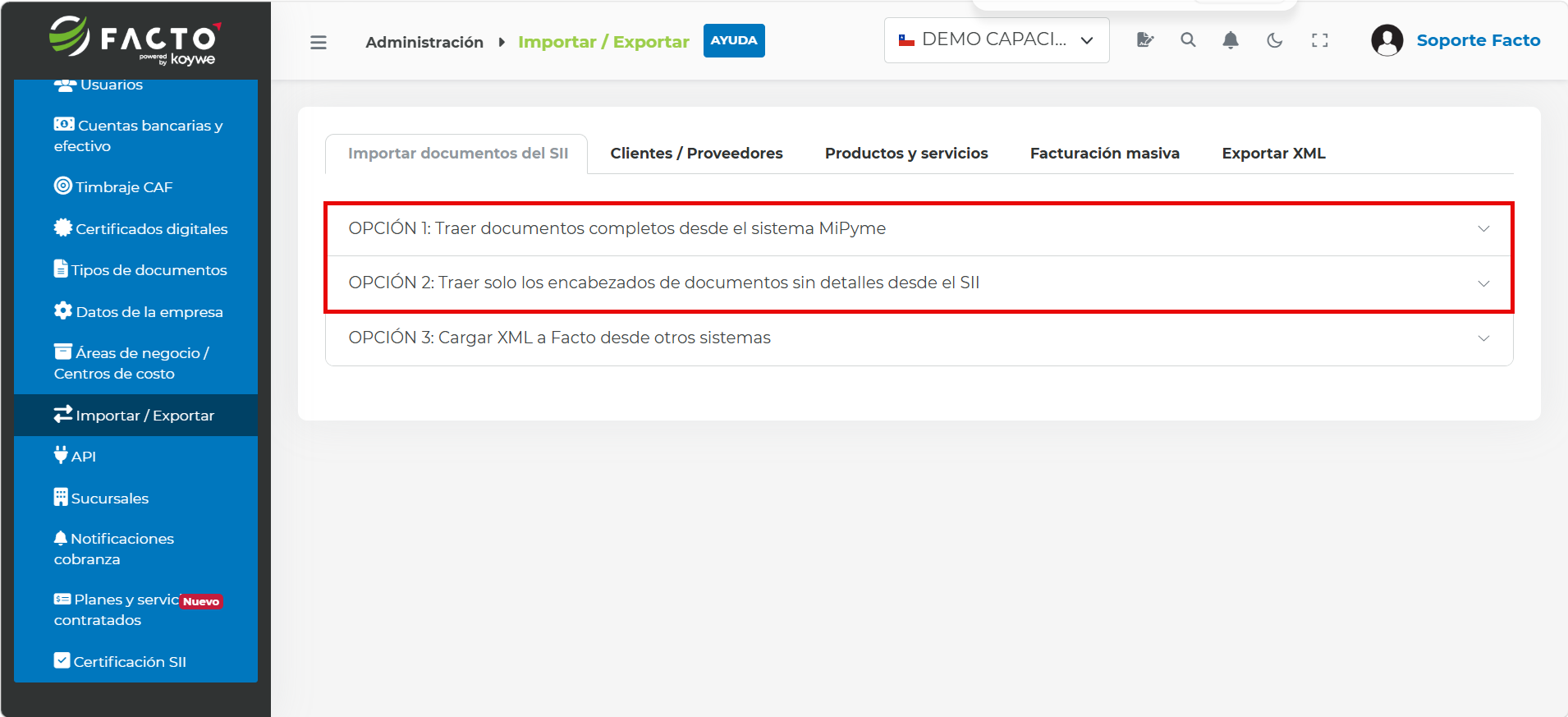 Menú desplegado en la pestaña Importar documentos del SII mostrando la OPCIÓN 1: Traer documentos completos desde el sistema MiPyme y la OPCIÓN 2: Traer solo los encabezados de documentos sin detalles desde el SII