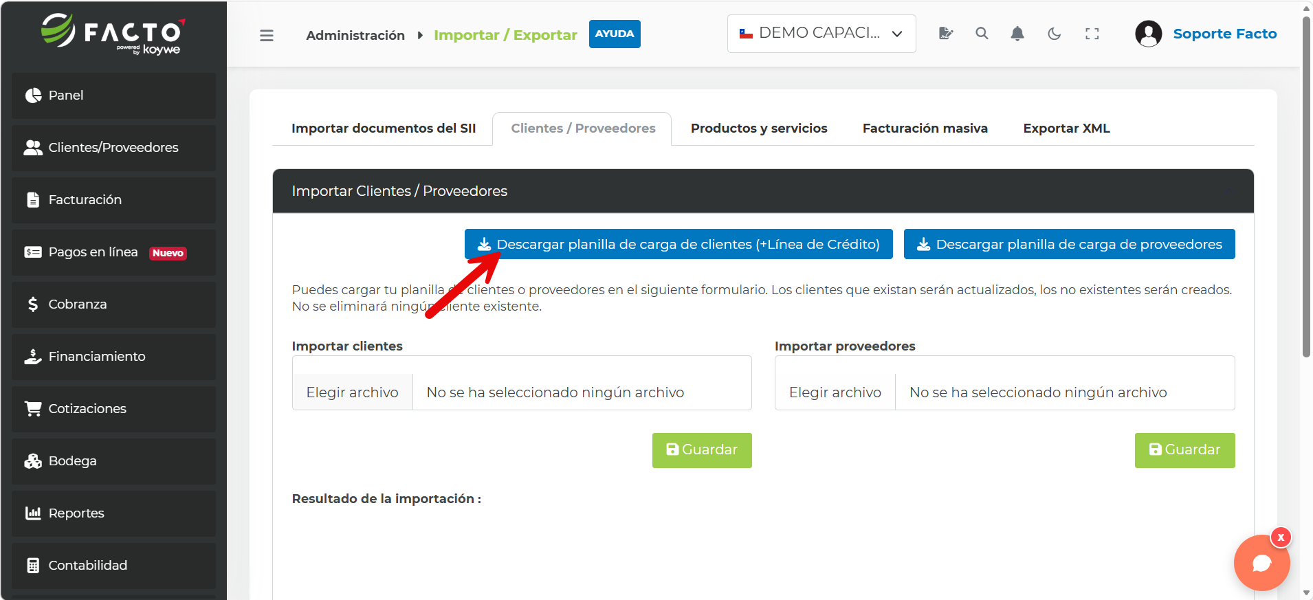 Pestaña Clientes / Proveedores con el botón Descargar planilla de carga de clientes (+Línea de Crédito) destacado