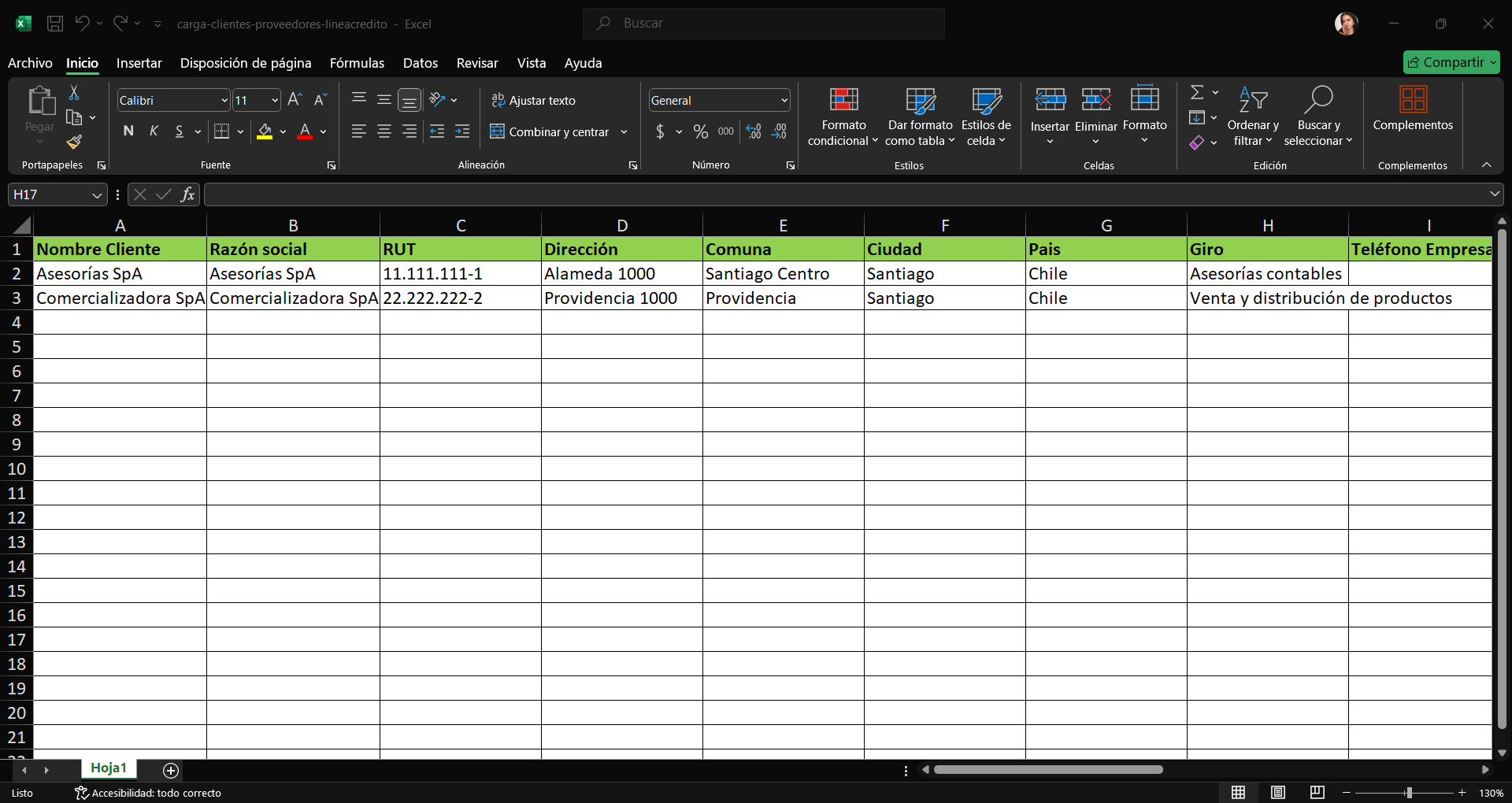 Planilla Excel de carga de clientes con las columnas Nombre Cliente, Razón social, RUT, Dirección, Comuna, Ciudad, País, Giro y Teléfono Empresa completadas con dos clientes de ejemplo