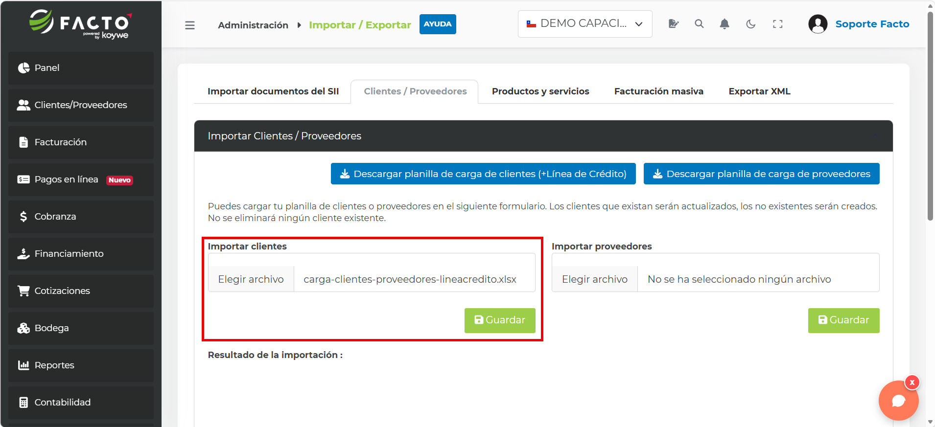 Campo Importar clientes con el archivo carga-clientes-proveedores-lineacredito.xlsx seleccionado y el botón Guardar destacado