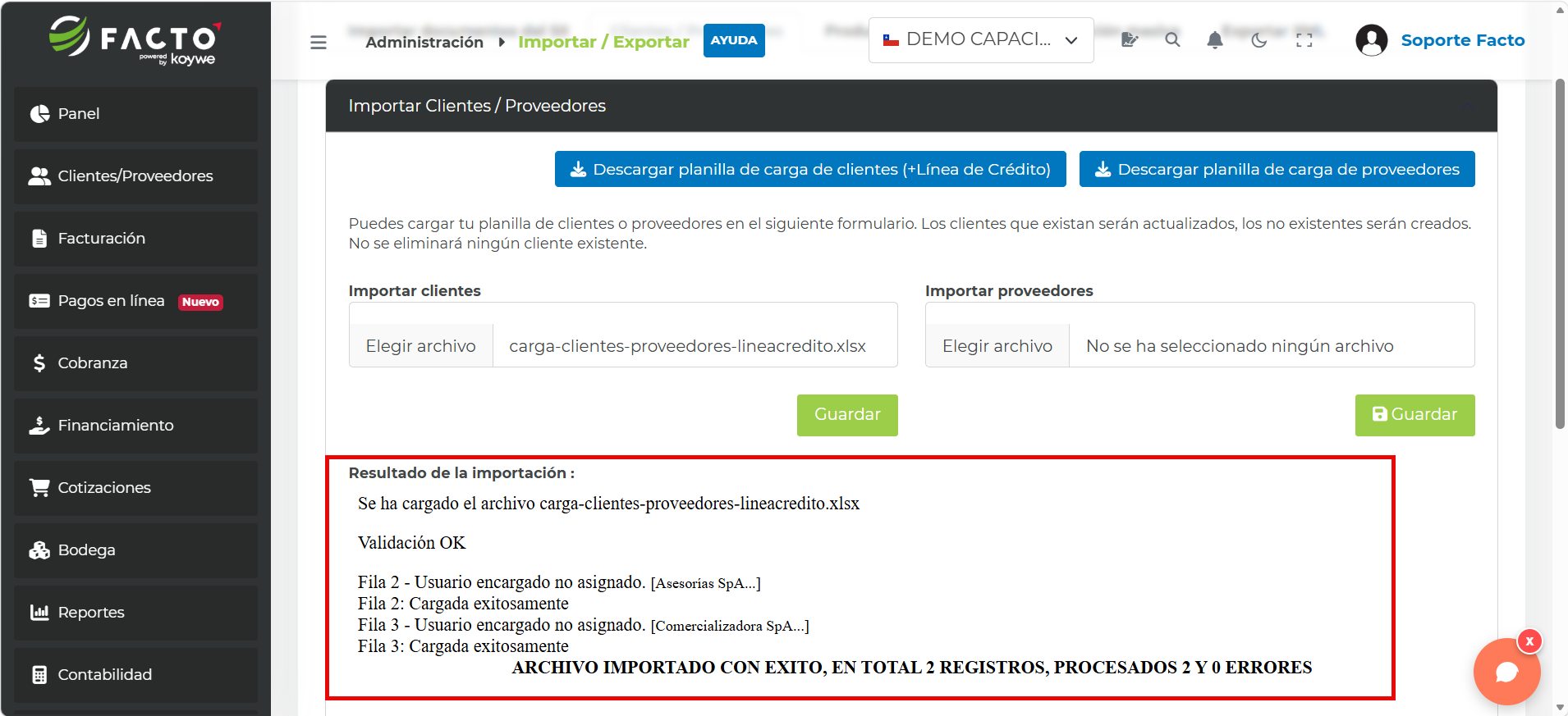 Resultado de la importación mostrando el archivo cargado, la validación OK y el mensaje: archivo importado con éxito, en total 2 registros, procesados 2 y 0 errores