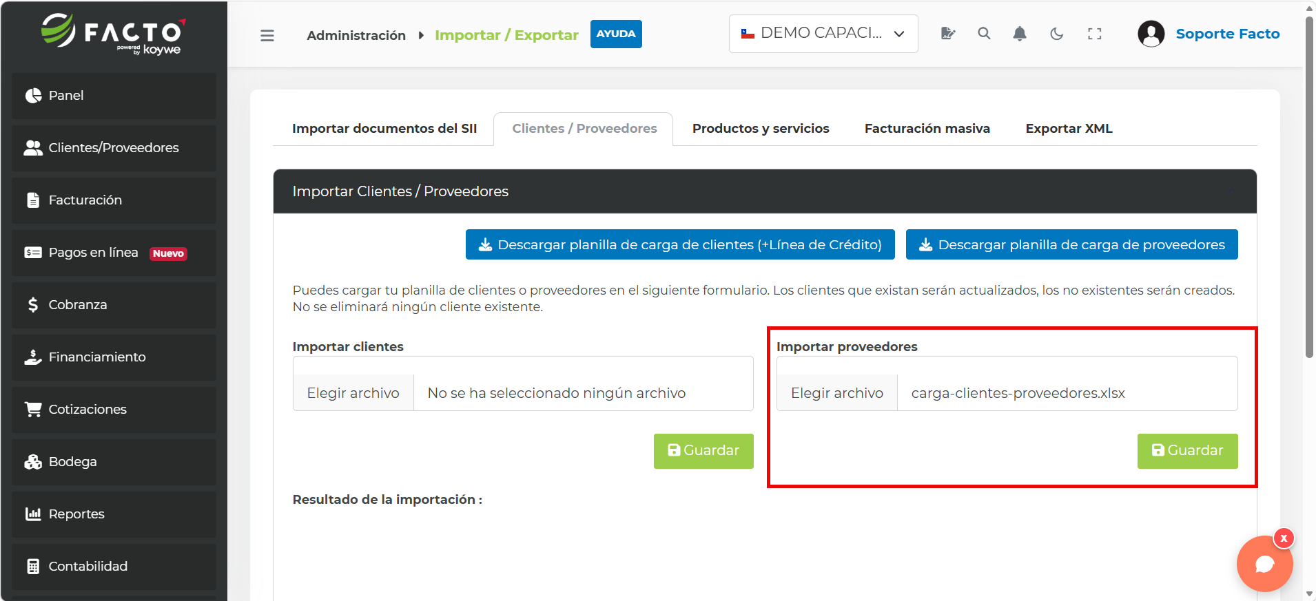 Campo Importar proveedores con el archivo carga-clientes-proveedores.xlsx seleccionado y el botón Guardar destacado