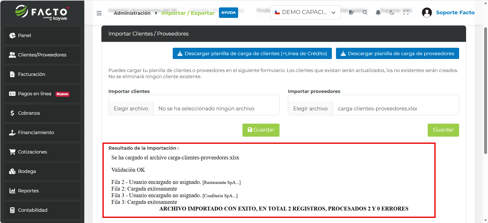 Resultado de la importación de proveedores mostrando el archivo cargado, la validación OK y el mensaje: archivo importado con éxito, en total 2 registros, procesados 2 y 0 errores