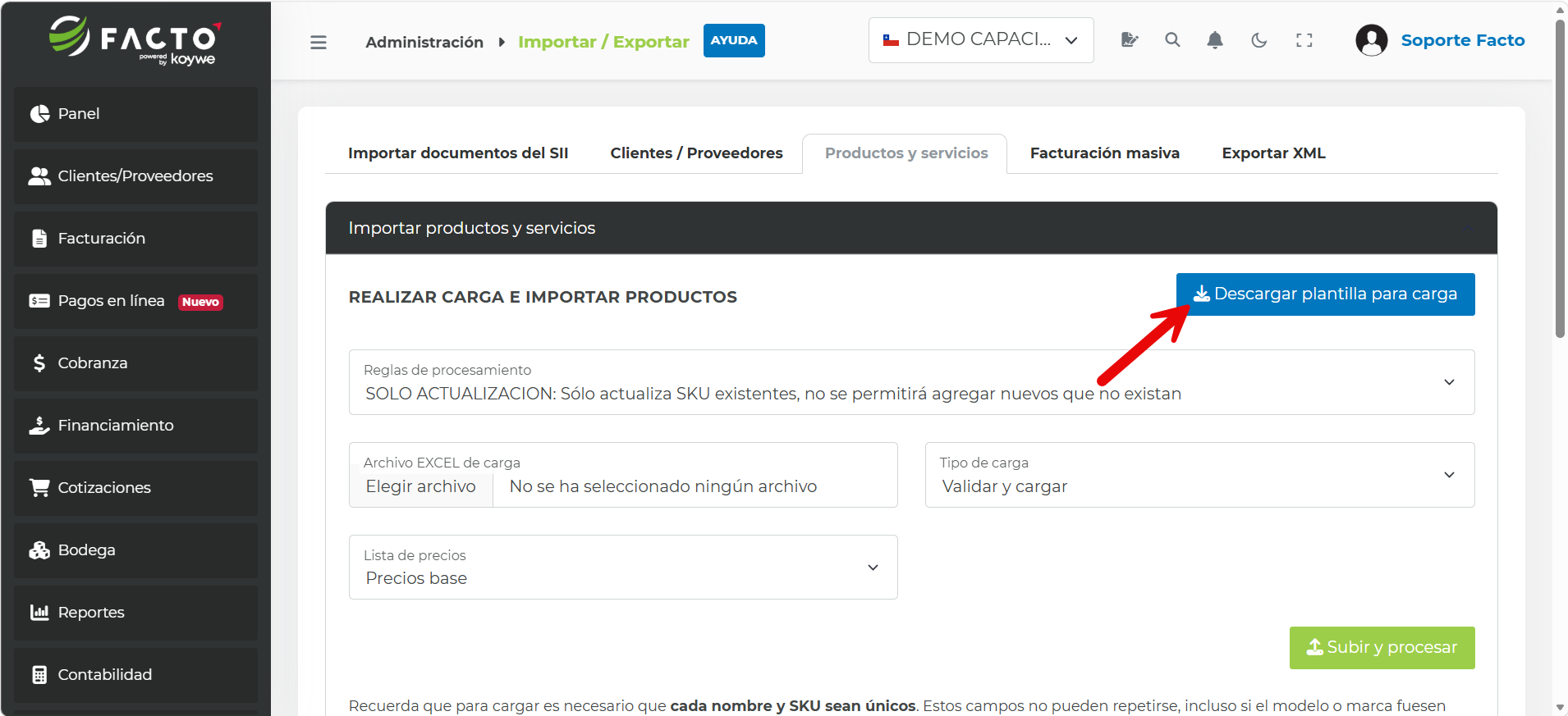 Pestaña Productos y servicios con el botón Descargar plantilla para carga destacado