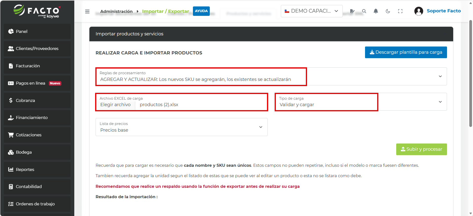 Formulario de importación de productos con la regla de procesamiento AGREGAR Y ACTUALIZAR, el archivo productos (2).xlsx seleccionado y el tipo de carga Validar y cargar destacados