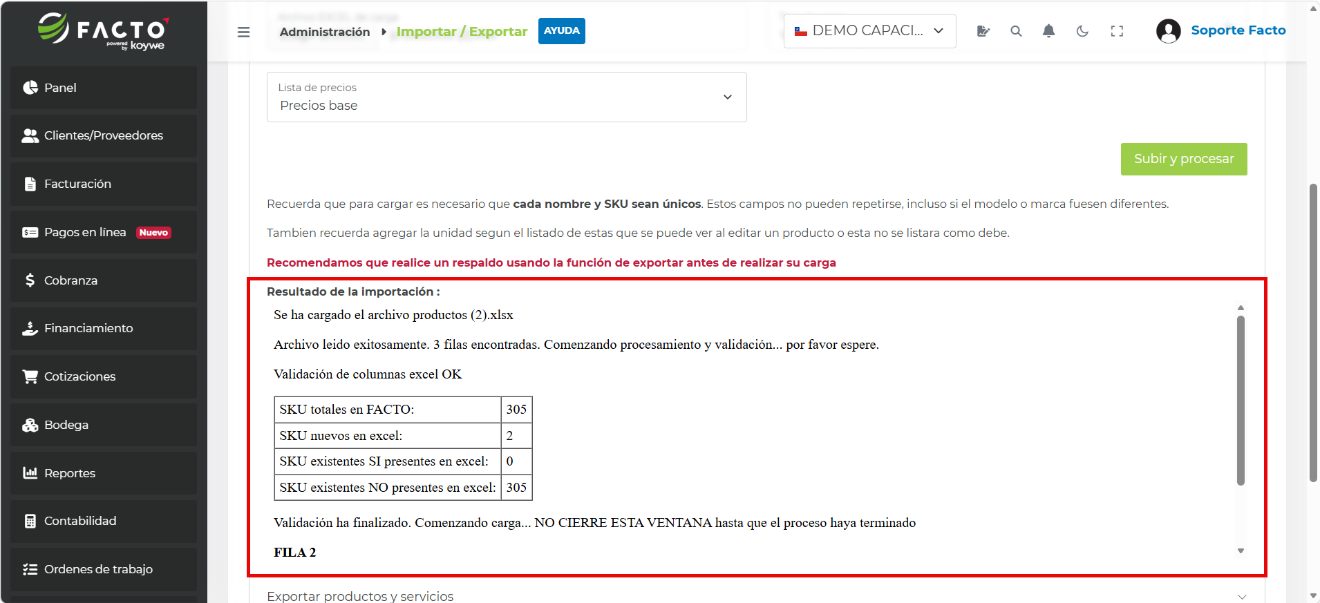 Resultado de la importación de productos mostrando el archivo cargado, el detalle de SKU totales en Facto, SKU nuevos en excel, SKU existentes presentes y no presentes en excel, y el proceso de validación finalizado