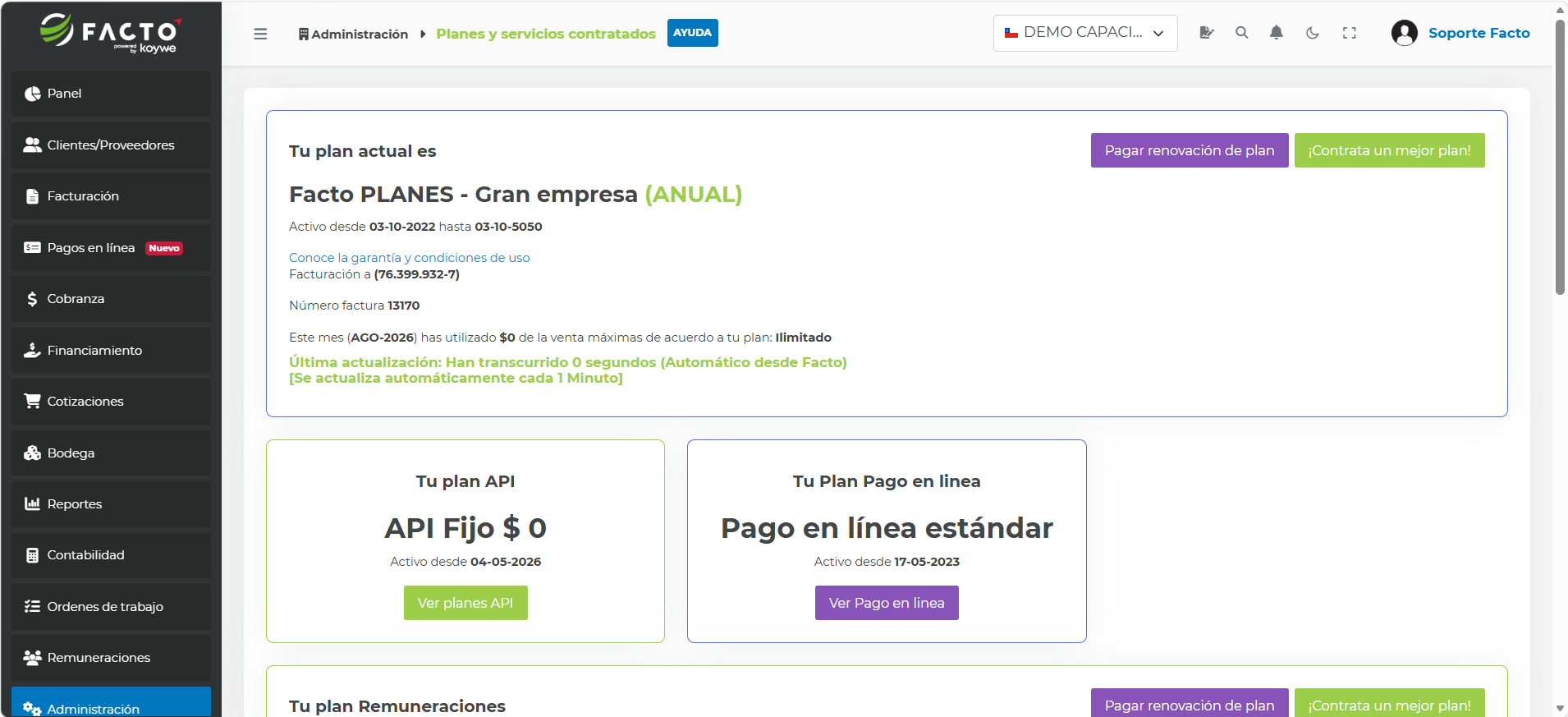 Módulo Planes y servicios contratados mostrando el plan actual de la cuenta Facto, con su vigencia y datos de facturación