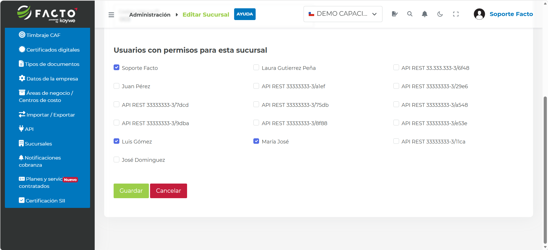 Pantalla de permisos de la sucursal con la lista de usuarios y casillas para asignarles acceso