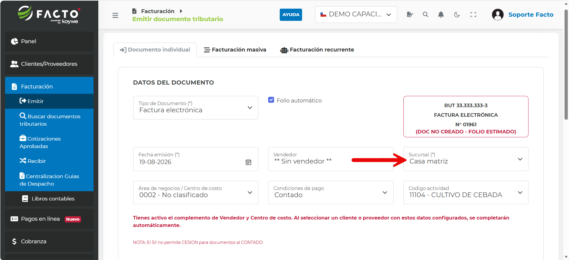 Formulario de emisión de documento con el campo Sucursal señalado