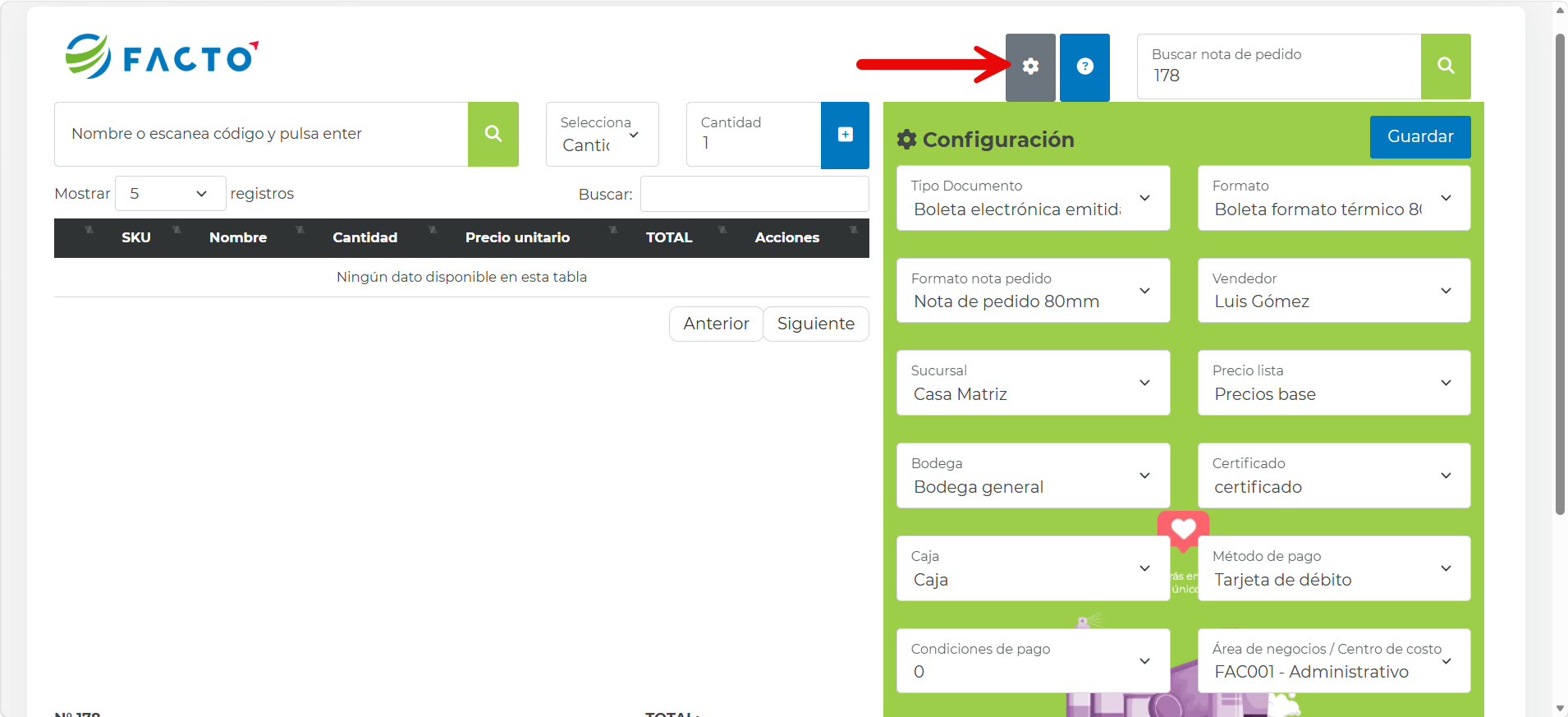 Punto de ventas con el botón Configuración señalado y el panel de configuración con el campo Sucursal