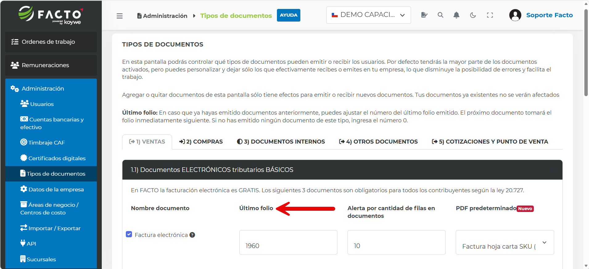 Columna Último folio en la pantalla de Tipos de documentos, señalando el número de folio de cada documento