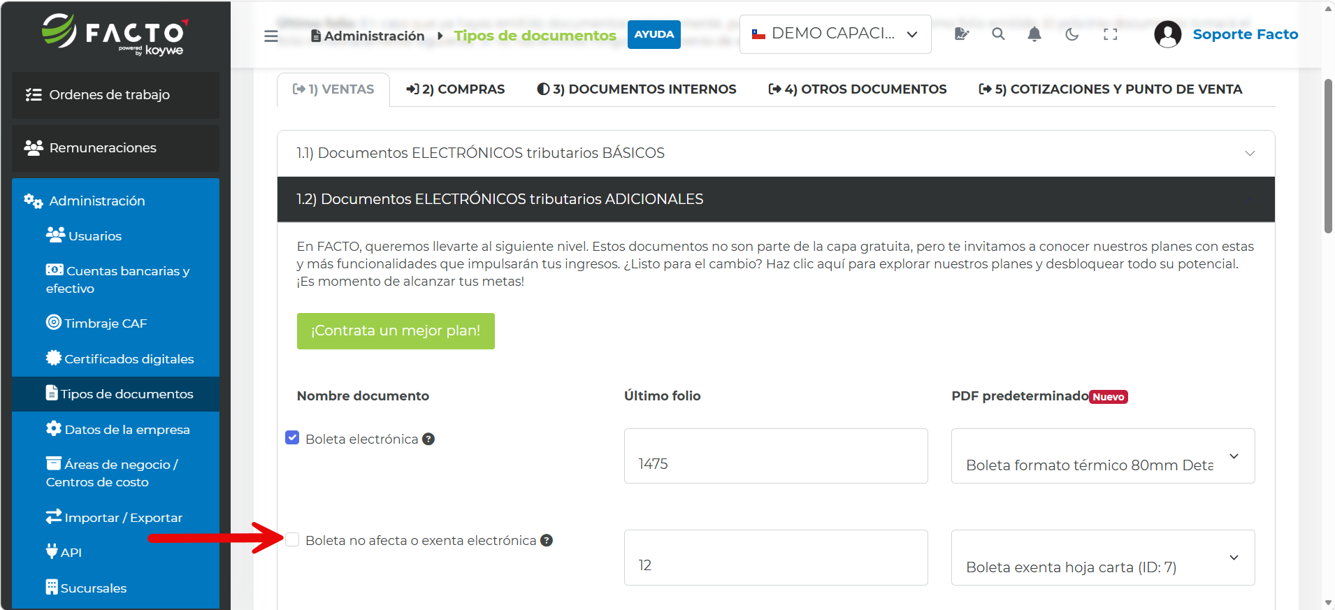 Casilla de un tipo de documento desmarcada para desactivarlo en la pantalla de Tipos de documentos